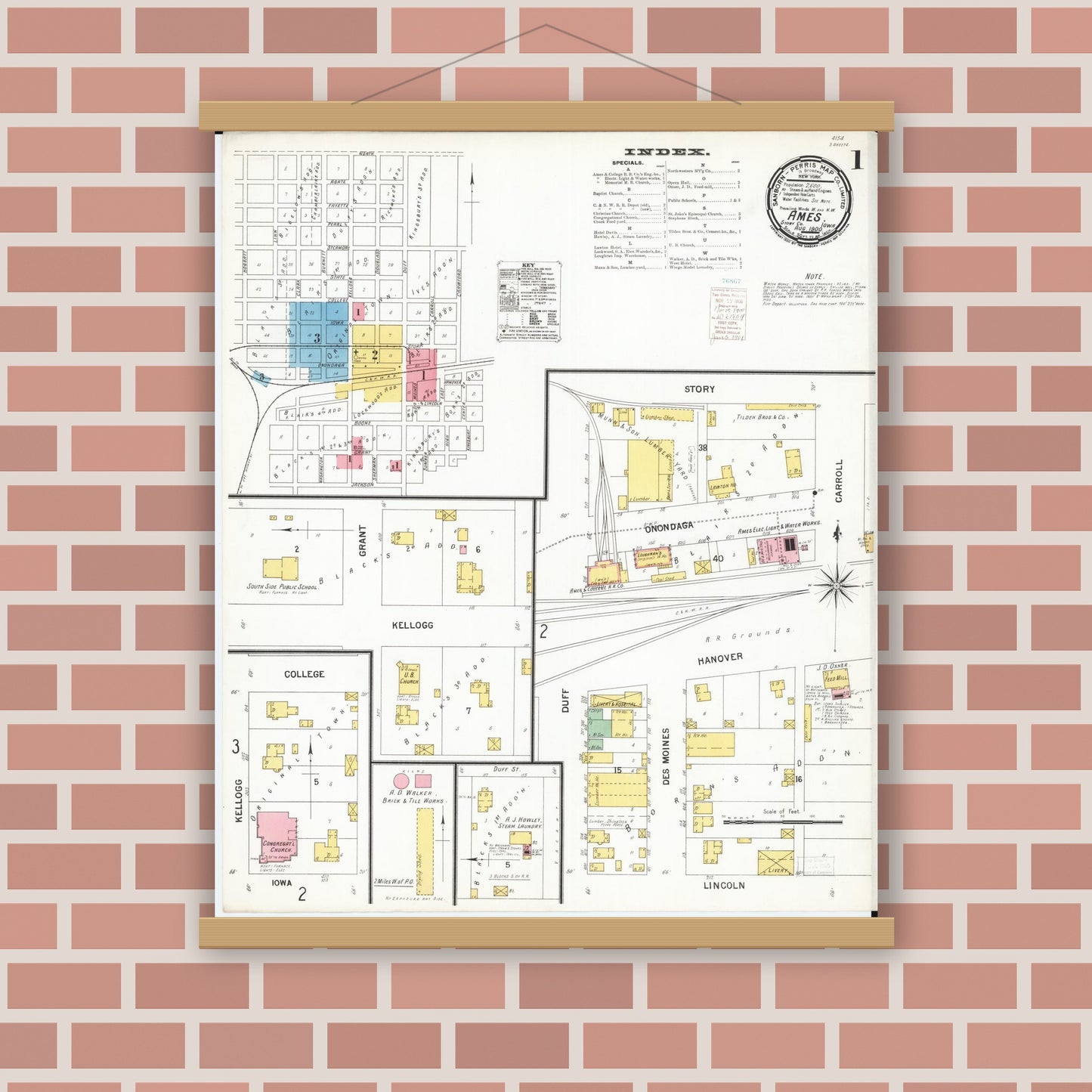 Old map wall art mockup — magnetic wood frame on brick wall — Sanborn Fire Insurance Map from Ames, Story County, Iowa (1900), Sheet #0001