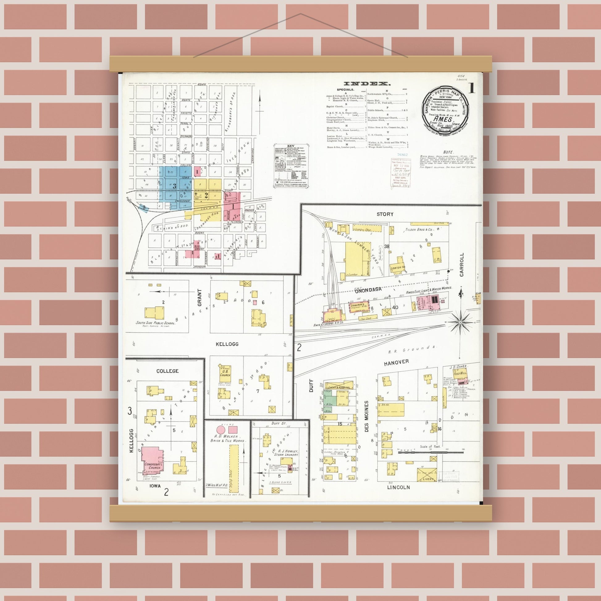 Old map wall art mockup — magnetic wood frame on brick wall — Sanborn Fire Insurance Map from Ames, Story County, Iowa (1900), Sheet #0001