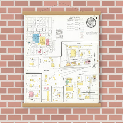 Old map wall art mockup — magnetic wood frame on brick wall — Sanborn Fire Insurance Map from Ames, Story County, Iowa (1900), Sheet #0001