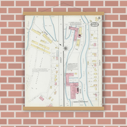 Old map wall art mockup — magnetic wood frame on brick wall — Sanborn Fire Insurance Map from Menasha, Winnebago County, Wisconsin (1891), Sheet #0008