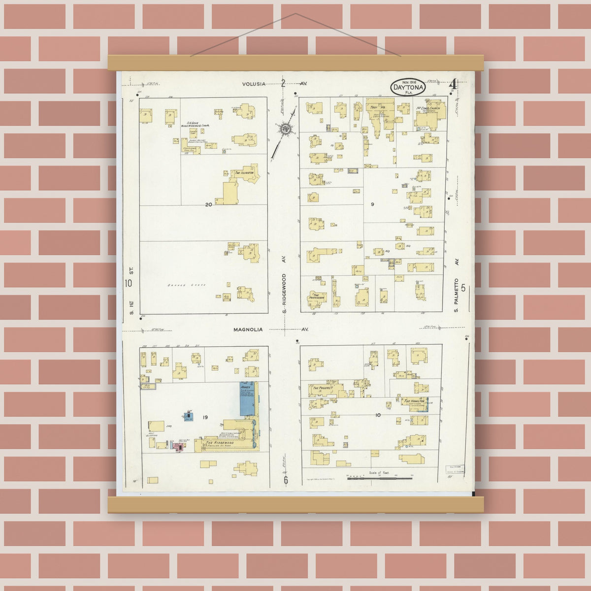Old map wall art mockup — magnetic wood frame on brick wall — Sanborn Fire Insurance Map from Daytona, Volusia County, Florida (1916), Sheet #0004
