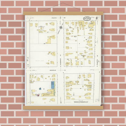 Old map wall art mockup — magnetic wood frame on brick wall — Sanborn Fire Insurance Map from Daytona, Volusia County, Florida (1916), Sheet #0004