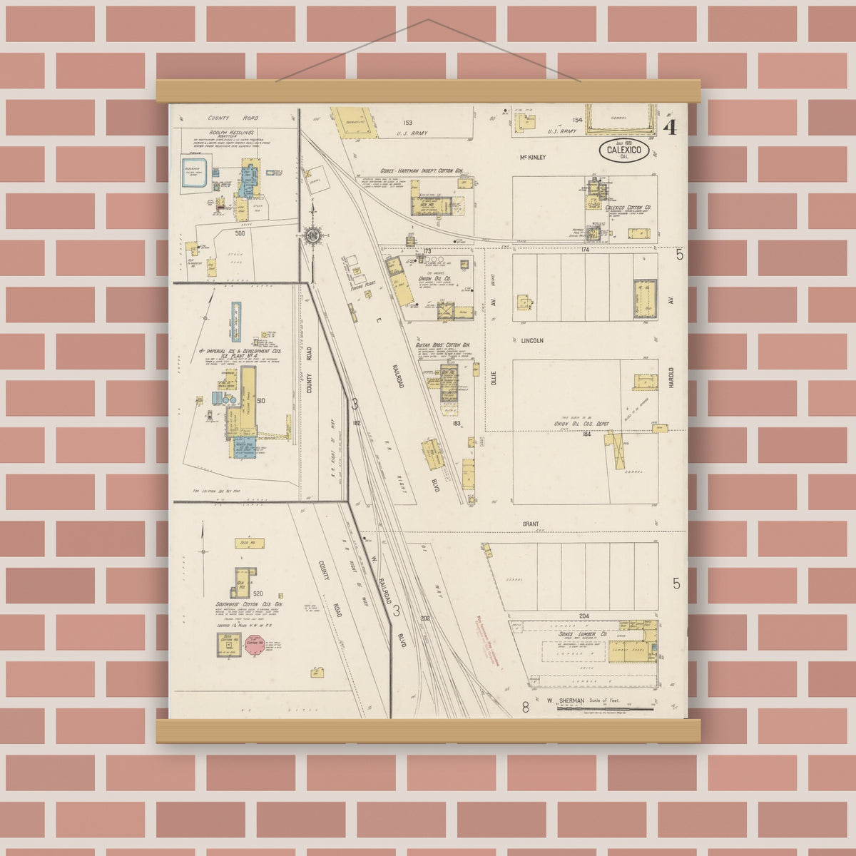 Old map wall art mockup — magnetic wood frame on brick wall — Sanborn Fire Insurance Map from Calexico, Imperial County, California (1920), Sheet #0004