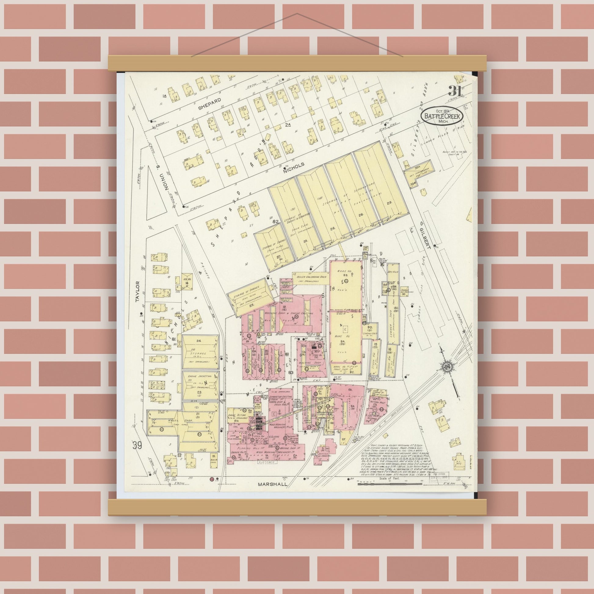 Old map wall art mockup — magnetic wood frame on brick wall — Sanborn Fire Insurance Map from Battle Creek, Calhoun County, Michigan (1913), Sheet #0031