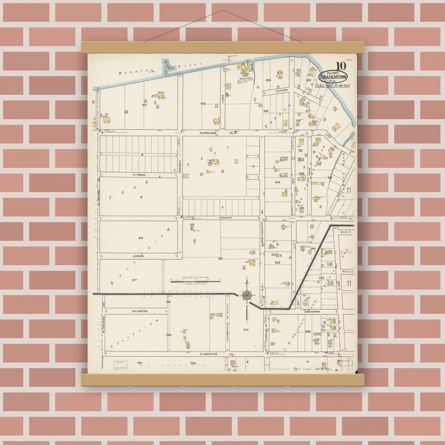 Old map wall art mockup — magnetic wood frame on brick wall — Sanborn Fire Insurance Map from Bradentown, Manatee County, Florida (1922), Sheet #0010