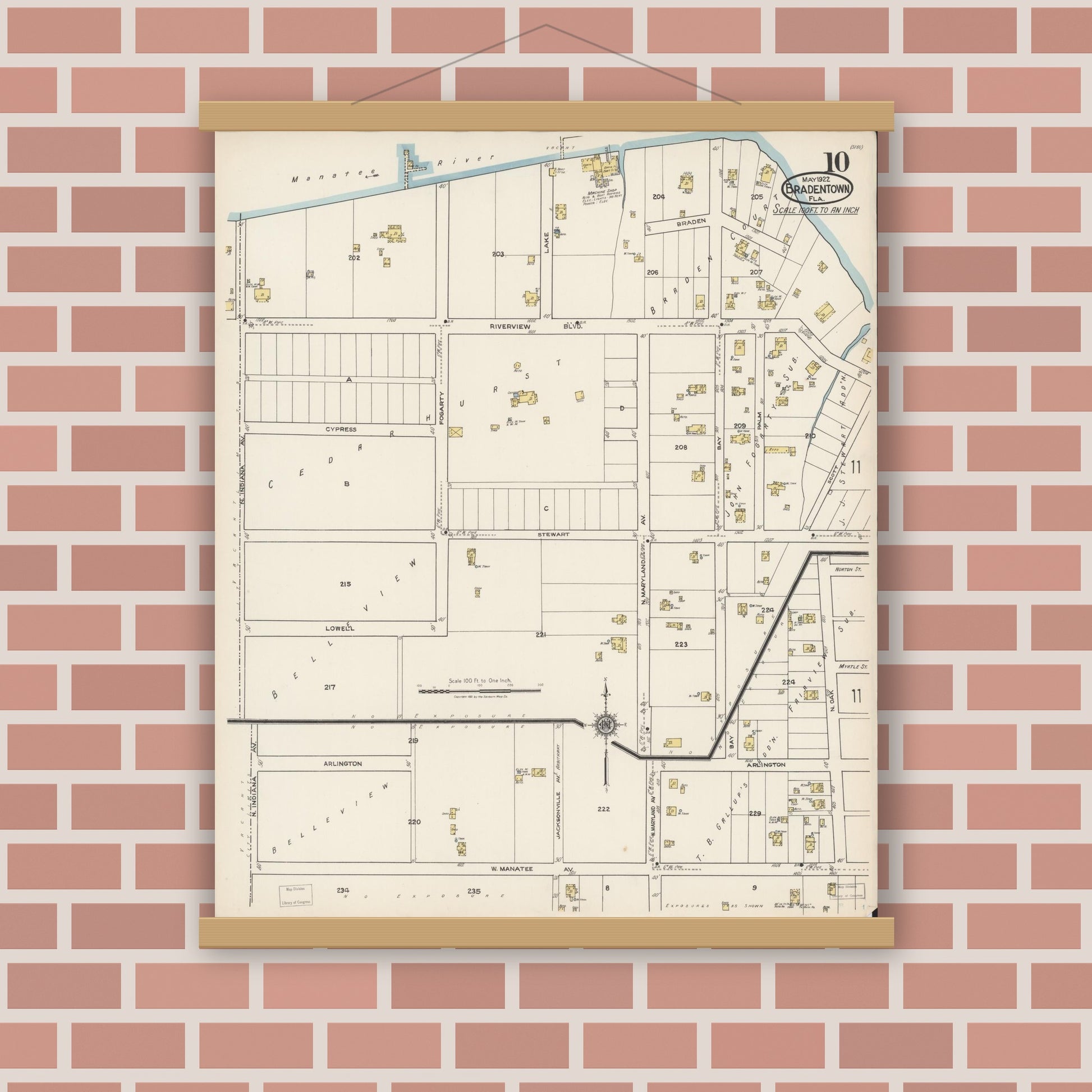 Old map wall art mockup — magnetic wood frame on brick wall — Sanborn Fire Insurance Map from Bradentown, Manatee County, Florida (1922), Sheet #0010