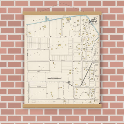 Old map wall art mockup — magnetic wood frame on brick wall — Sanborn Fire Insurance Map from Bradentown, Manatee County, Florida (1922), Sheet #0010