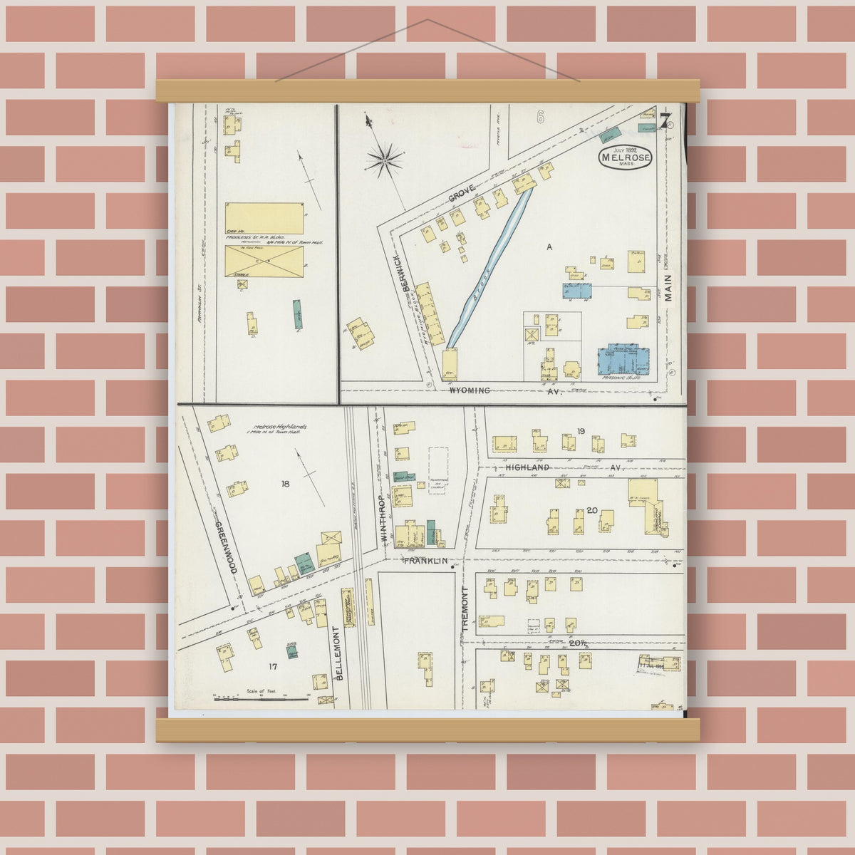 Old map wall art mockup — magnetic wood frame on brick wall — Sanborn Fire Insurance Map from Melrose, Middlesex County, Massachusetts (1892), Sheet #0007