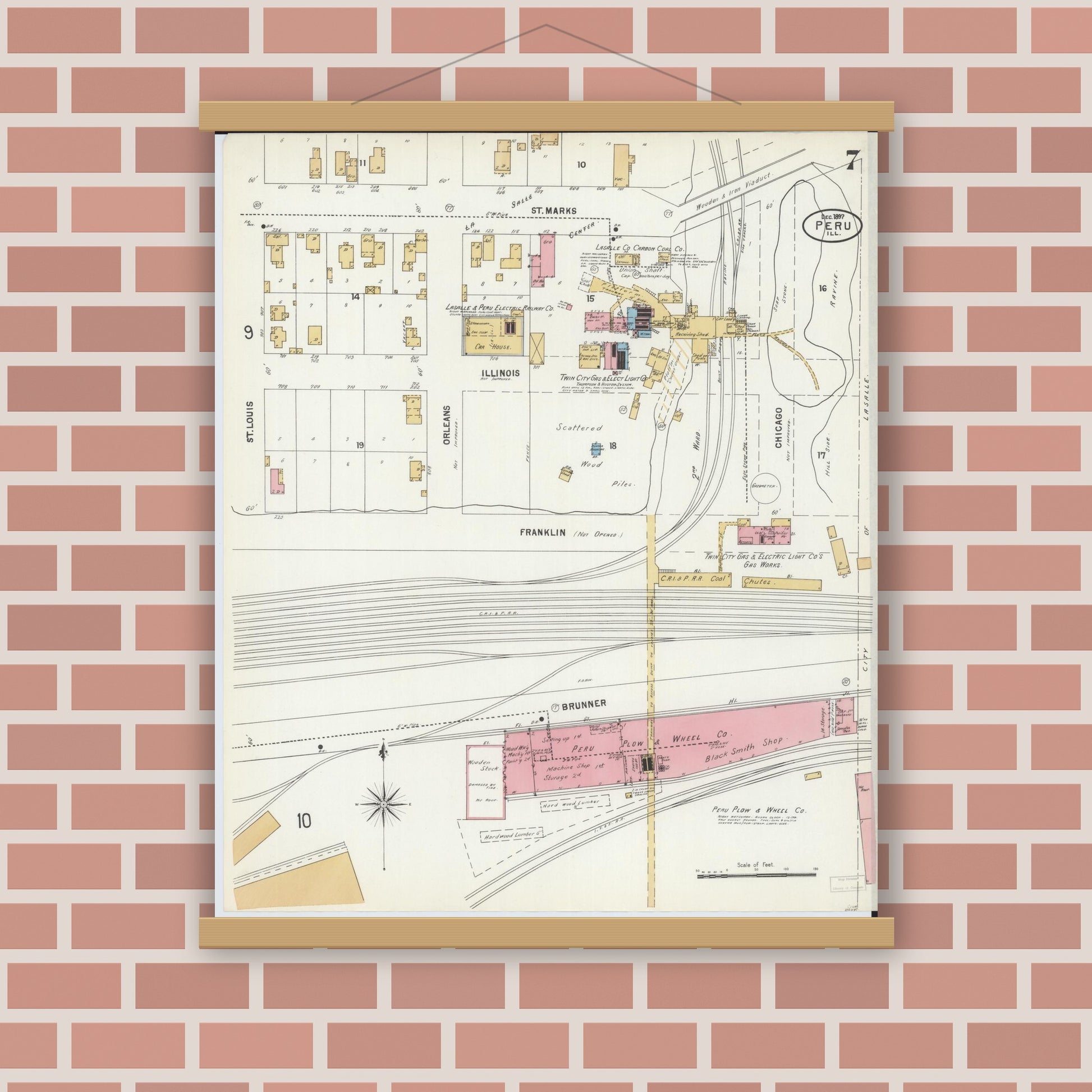 Old map wall art mockup — magnetic wood frame on brick wall — Sanborn Fire Insurance Map from Peru, La Salle County, Illinois (1897), Sheet #0007