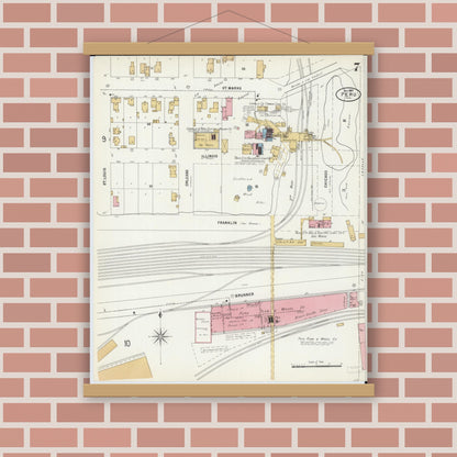 Old map wall art mockup — magnetic wood frame on brick wall — Sanborn Fire Insurance Map from Peru, La Salle County, Illinois (1897), Sheet #0007