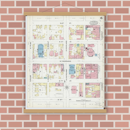 Old map wall art mockup — magnetic wood frame on brick wall — Sanborn Fire Insurance Map from Canton, Stark County, Ohio (1891), Sheet #0006