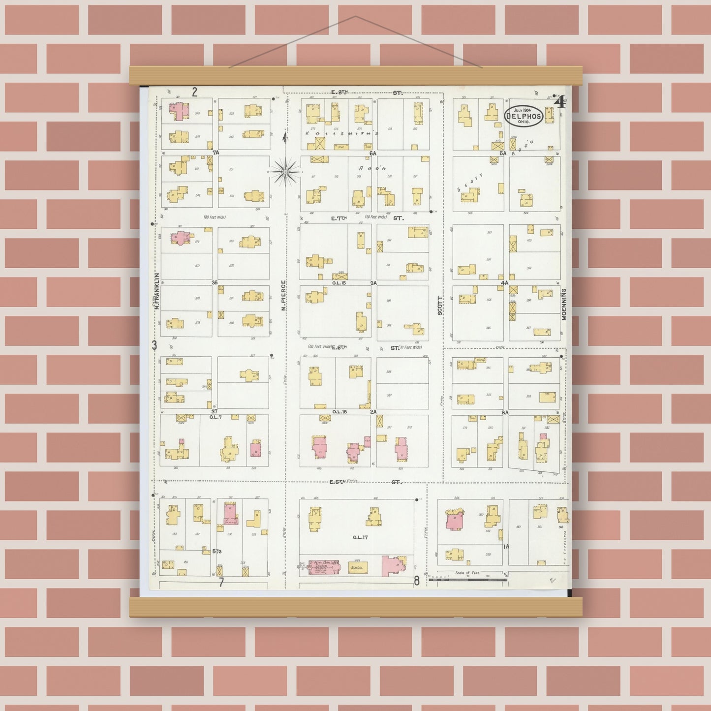 Old map wall art mockup — magnetic wood frame on brick wall — Sanborn Fire Insurance Map from Delphos, Van Wert And Allen Counties, Ohio (1904), Sheet #0004