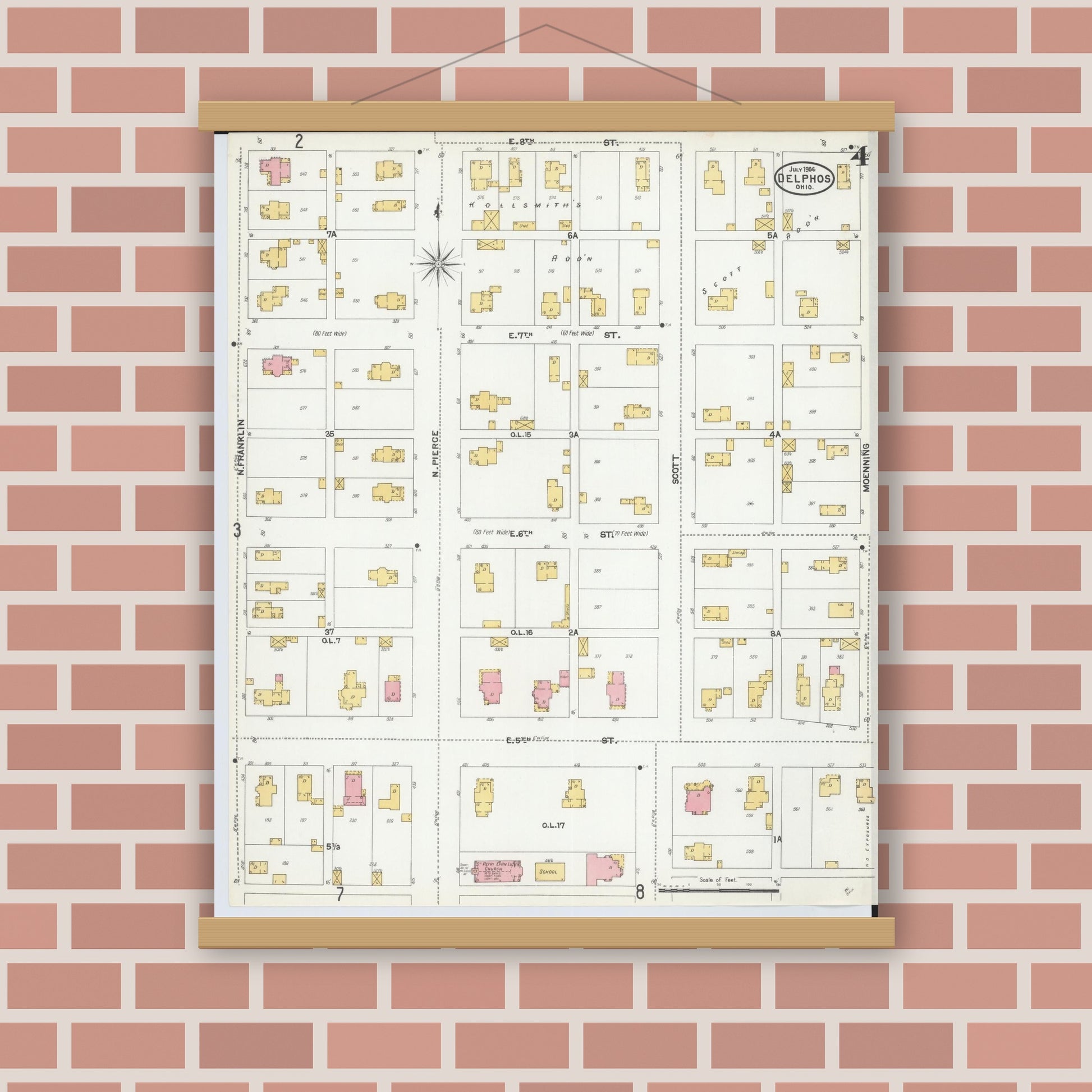 Old map wall art mockup — magnetic wood frame on brick wall — Sanborn Fire Insurance Map from Delphos, Van Wert And Allen Counties, Ohio (1904), Sheet #0004