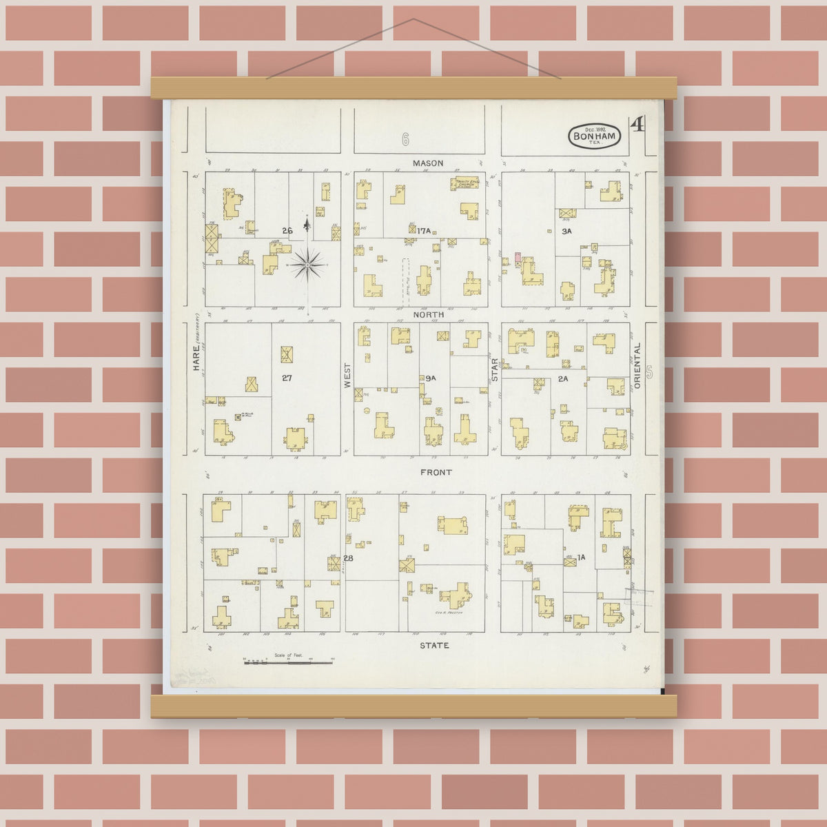 Old map wall art mockup — magnetic wood frame on brick wall — Sanborn Fire Insurance Map from Bonham, Fannin County, Texas (1892), Sheet #0004