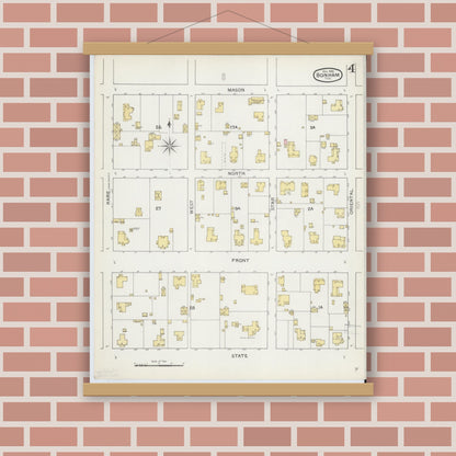 Old map wall art mockup — magnetic wood frame on brick wall — Sanborn Fire Insurance Map from Bonham, Fannin County, Texas (1892), Sheet #0004