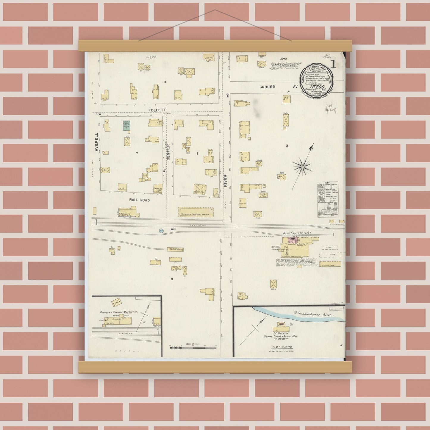 Old map wall art mockup — magnetic wood frame on brick wall — Sanborn Fire Insurance Map from Otego, Otsego County, New York (1897) - Complete Map Set
