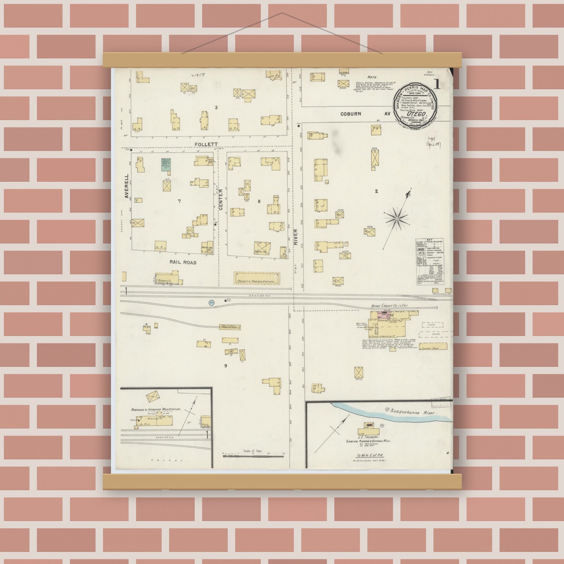 Old map wall art mockup — magnetic wood frame on brick wall — Sanborn Fire Insurance Map from Otego, Otsego County, New York (1897) - Complete Map Set