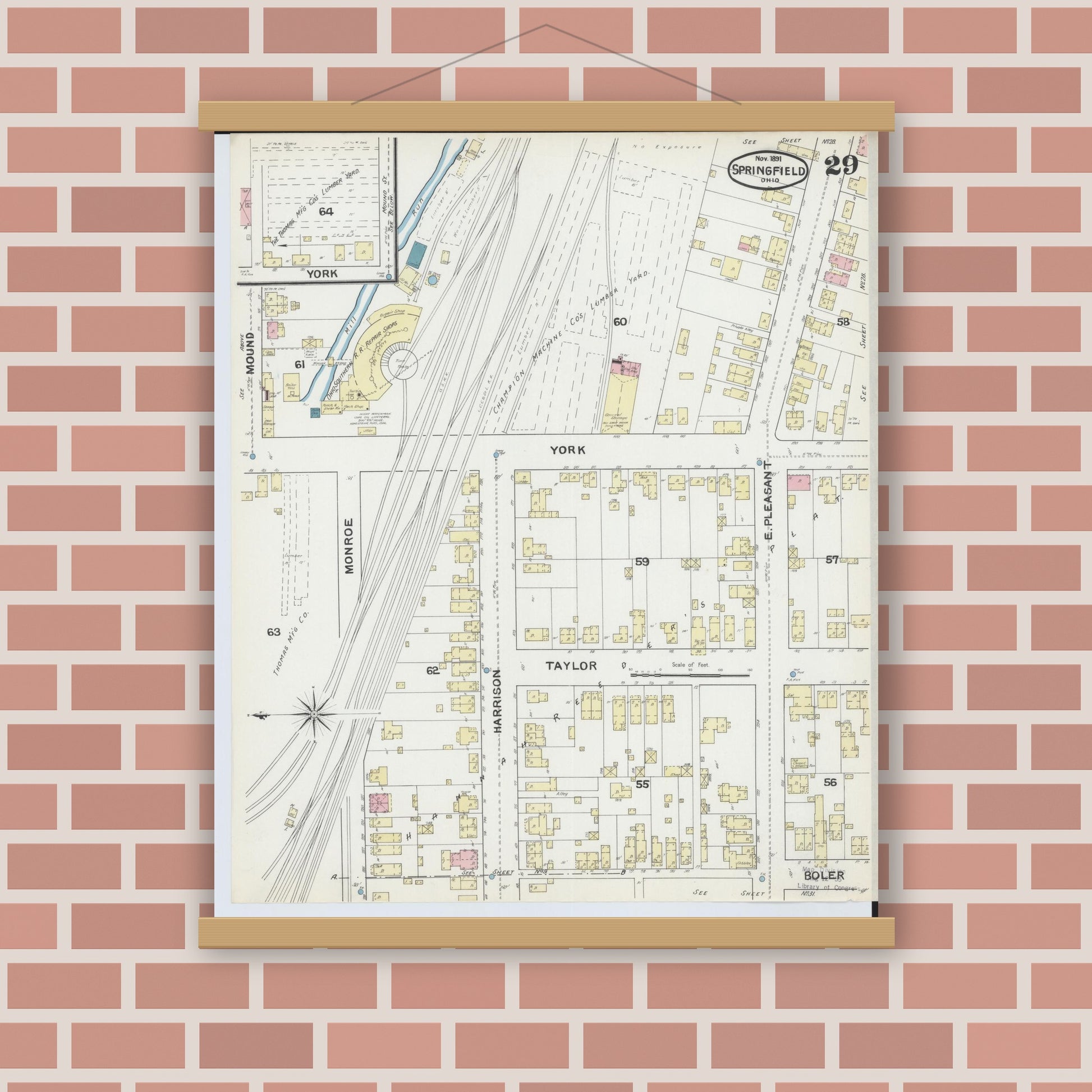 Old map wall art mockup — magnetic wood frame on brick wall — Sanborn Fire Insurance Map from Springfield, Clark County, Ohio (1891), Sheet #0029
