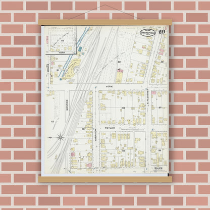 Old map wall art mockup — magnetic wood frame on brick wall — Sanborn Fire Insurance Map from Springfield, Clark County, Ohio (1891), Sheet #0029