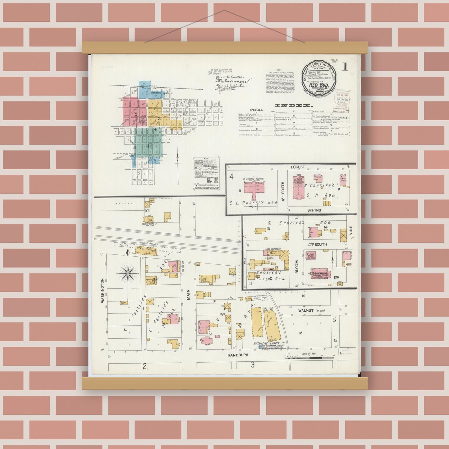 Old map wall art mockup — magnetic wood frame on brick wall — Sanborn Fire Insurance Map from Red Bud, Randolph County, Illinois (1900), Sheet #0001