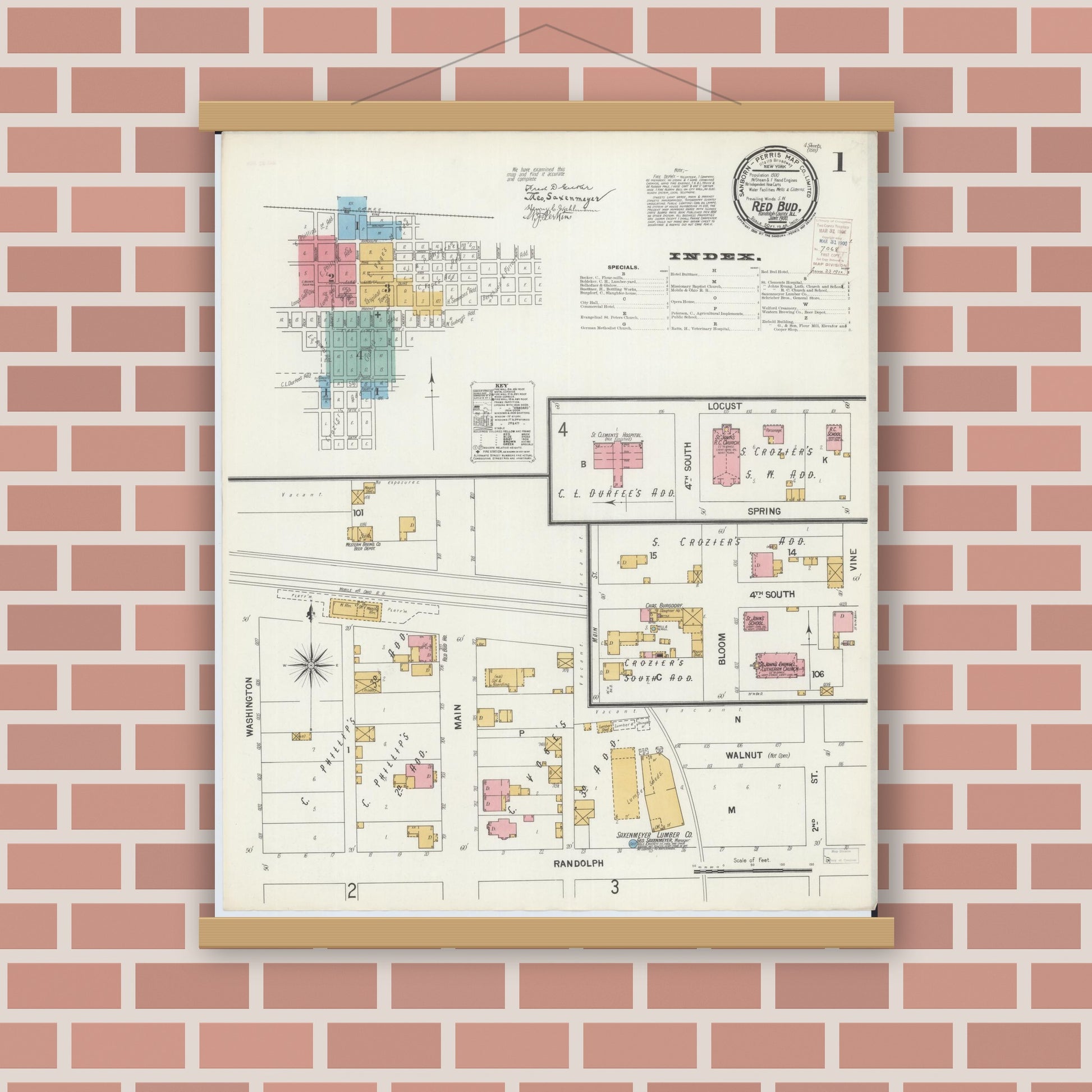 Old map wall art mockup — magnetic wood frame on brick wall — Sanborn Fire Insurance Map from Red Bud, Randolph County, Illinois (1900), Sheet #0001