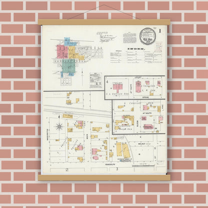 Old map wall art mockup — magnetic wood frame on brick wall — Sanborn Fire Insurance Map from Red Bud, Randolph County, Illinois (1900), Sheet #0001