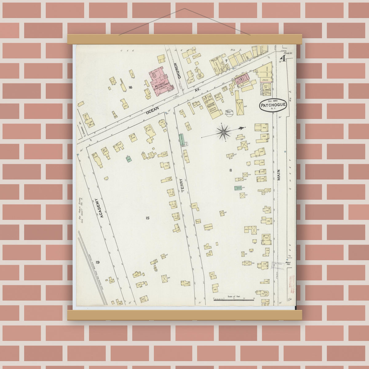 Old map wall art mockup — magnetic wood frame on brick wall — Sanborn Fire Insurance Map from Patchogue, Suffolk County, New York (1891), Sheet #0004
