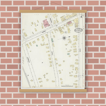 Old map wall art mockup — magnetic wood frame on brick wall — Sanborn Fire Insurance Map from Patchogue, Suffolk County, New York (1891), Sheet #0004