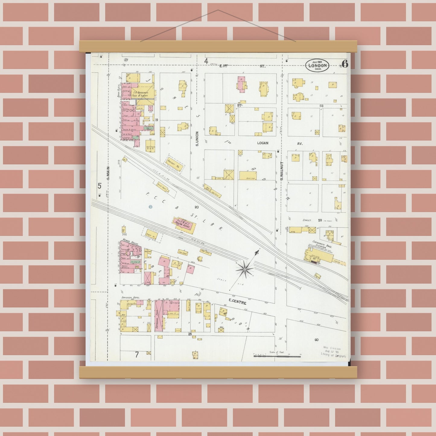 Old map wall art mockup — magnetic wood frame on brick wall — Sanborn Fire Insurance Map from London, Madison County, Ohio (1901), Sheet #0006