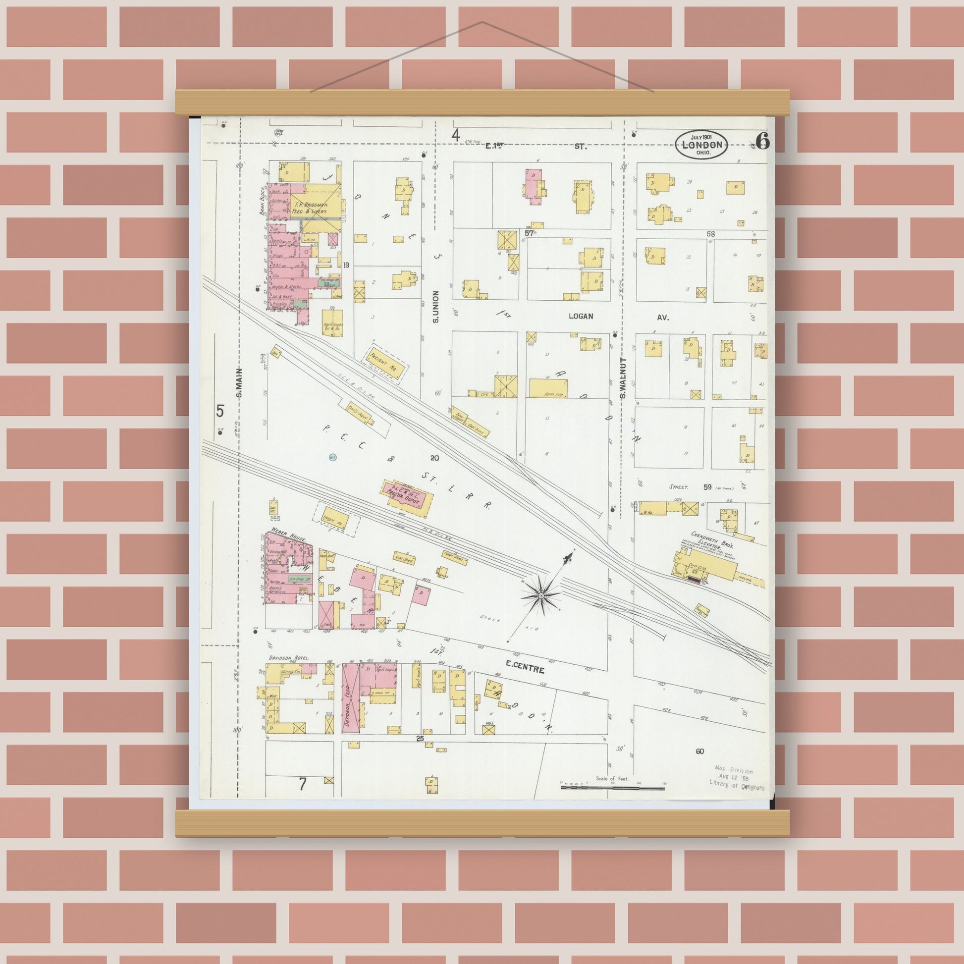 Old map wall art mockup — magnetic wood frame on brick wall — Sanborn Fire Insurance Map from London, Madison County, Ohio (1901), Sheet #0006