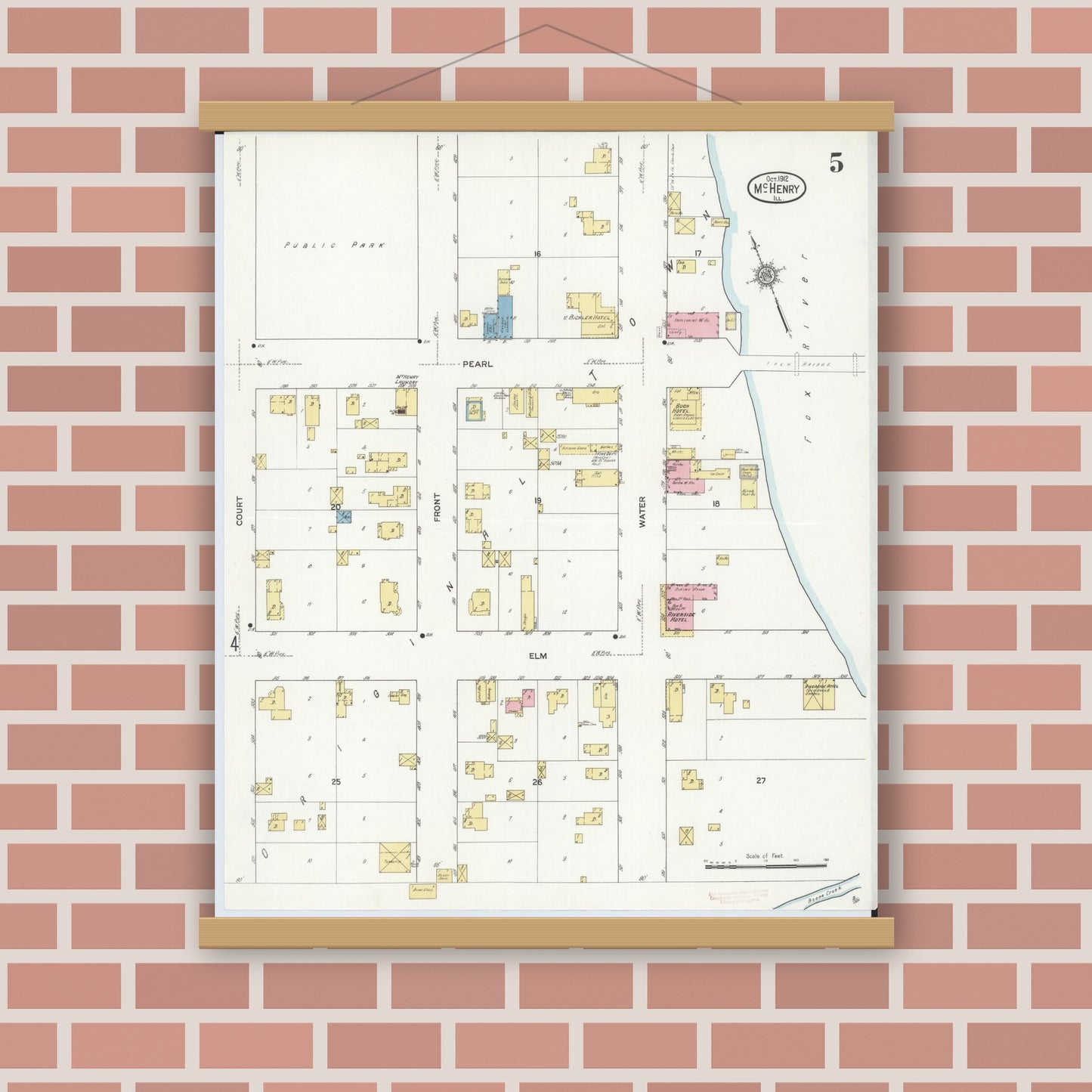 Old map wall art mockup — magnetic wood frame on brick wall — Sanborn Fire Insurance Map from McHenry, McHenry County, Illinois (1912), Sheet #0005