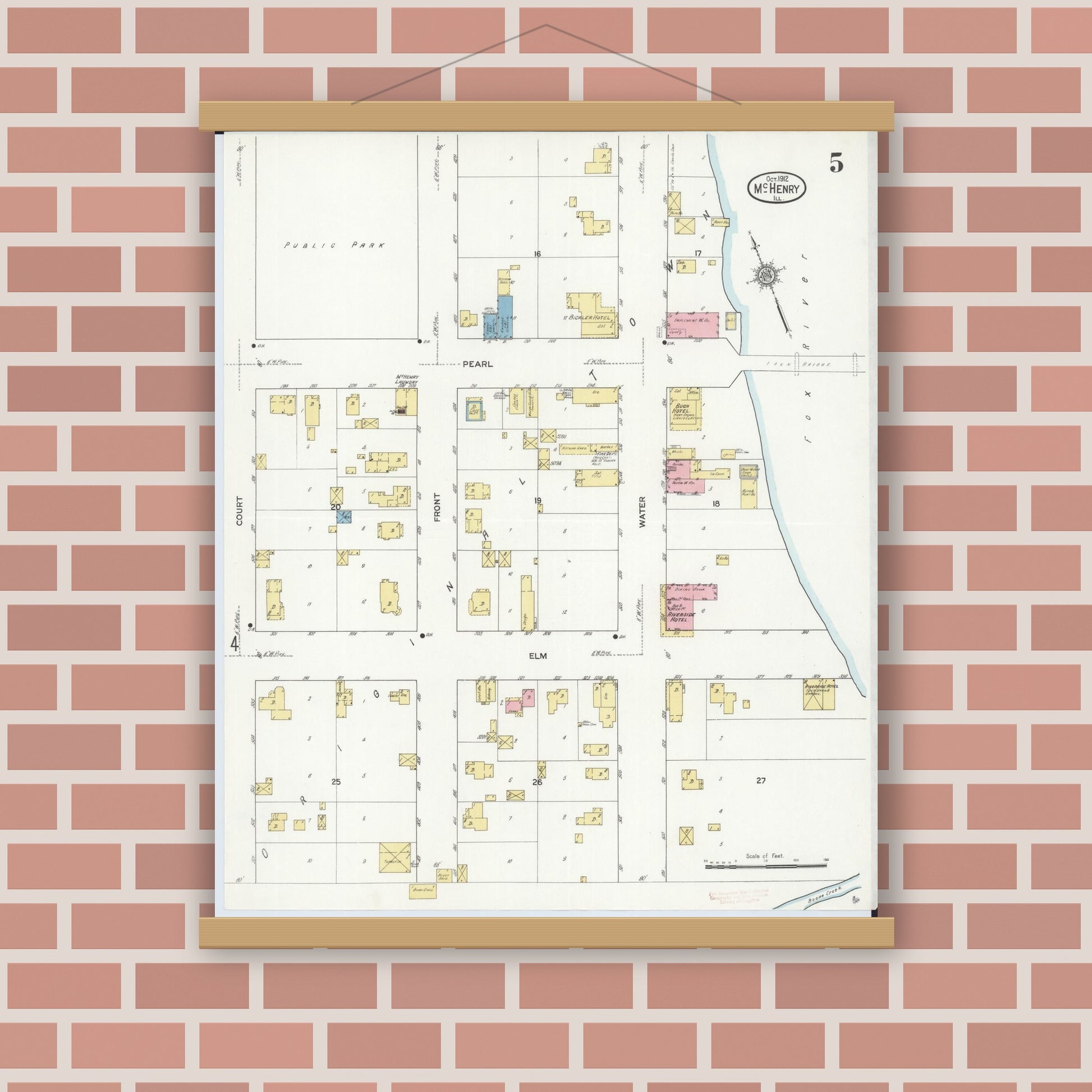 Old map wall art mockup — magnetic wood frame on brick wall — Sanborn Fire Insurance Map from McHenry, McHenry County, Illinois (1912), Sheet #0005