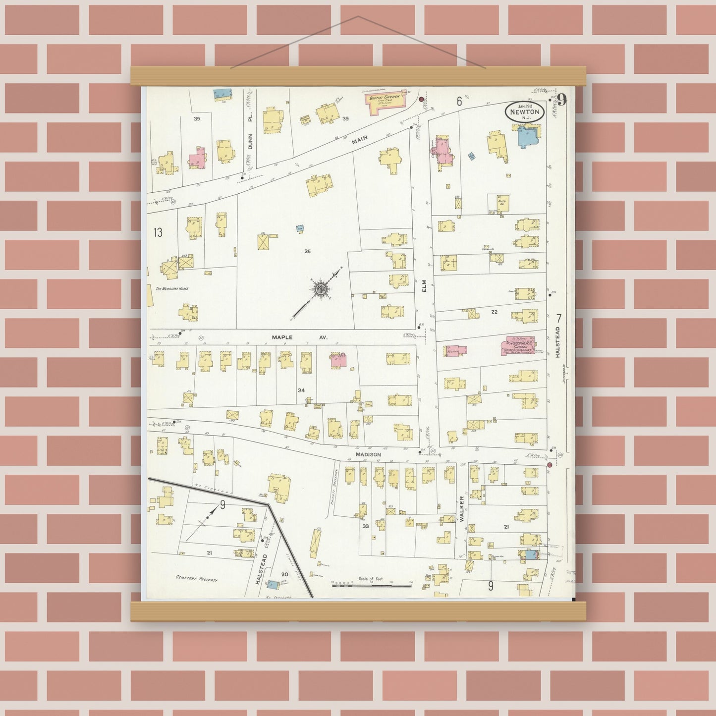Old map wall art mockup — magnetic wood frame on brick wall — Sanborn Fire Insurance Map from Newton, Sussex County, New Jersey (1911), Sheet #0009