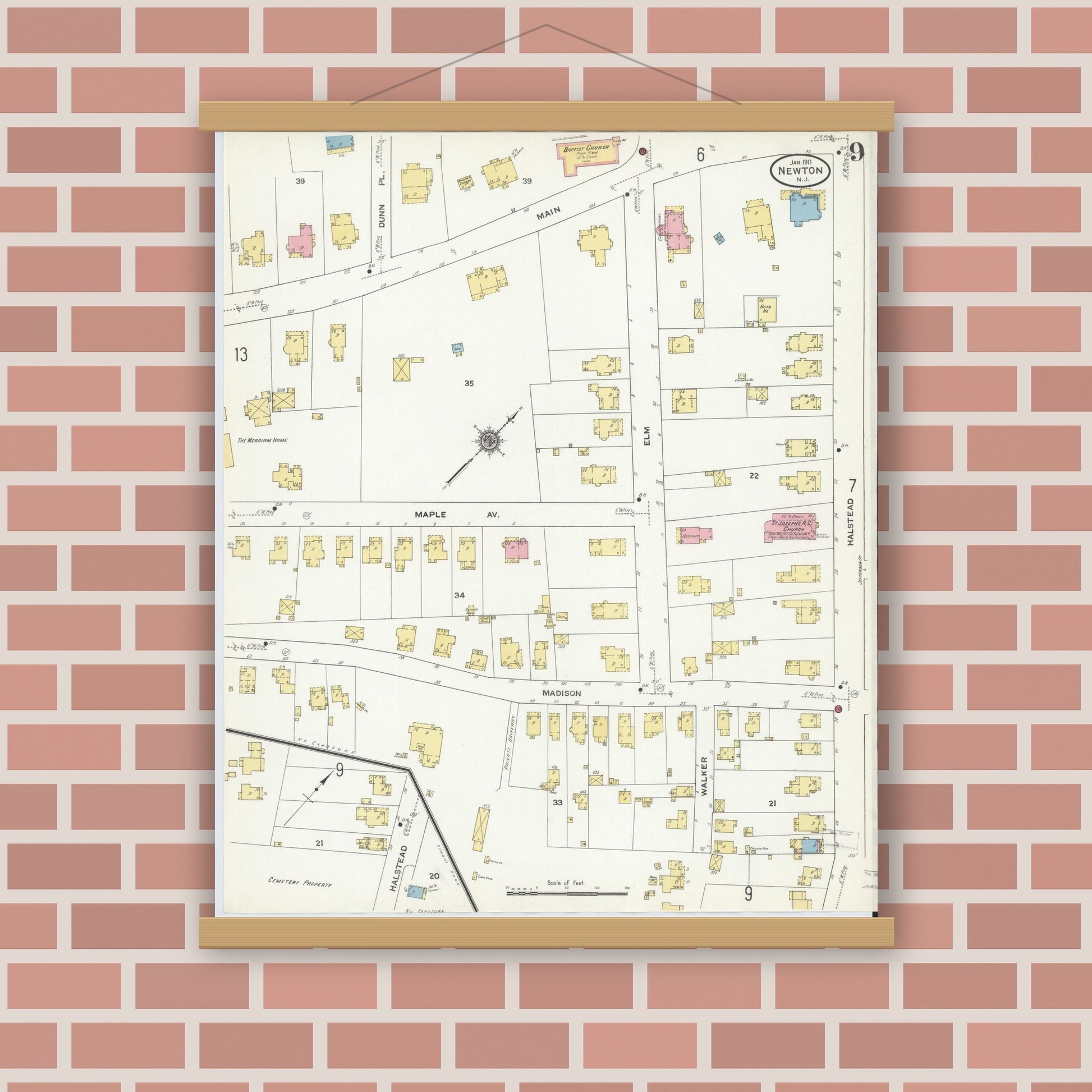 Old map wall art mockup — magnetic wood frame on brick wall — Sanborn Fire Insurance Map from Newton, Sussex County, New Jersey (1911), Sheet #0009