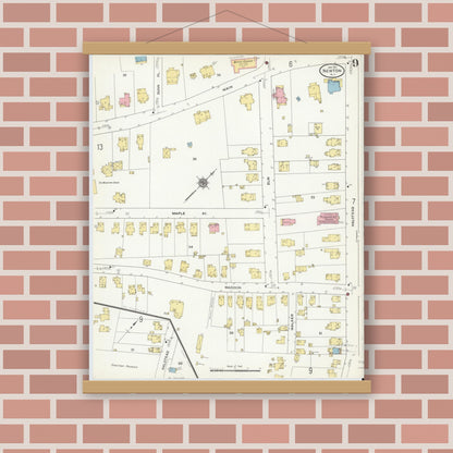 Old map wall art mockup — magnetic wood frame on brick wall — Sanborn Fire Insurance Map from Newton, Sussex County, New Jersey (1911), Sheet #0009