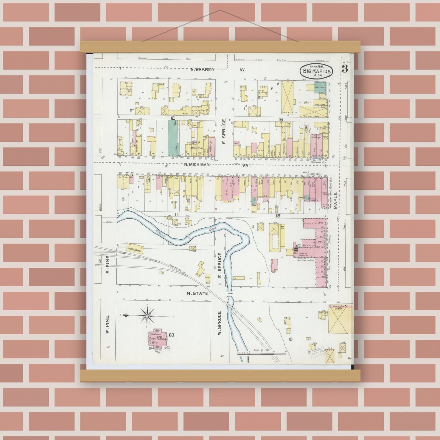 Old map wall art mockup — magnetic wood frame on brick wall — Sanborn Fire Insurance Map from Big Rapids, Mecosta County, Michigan (1892), Sheet #0003