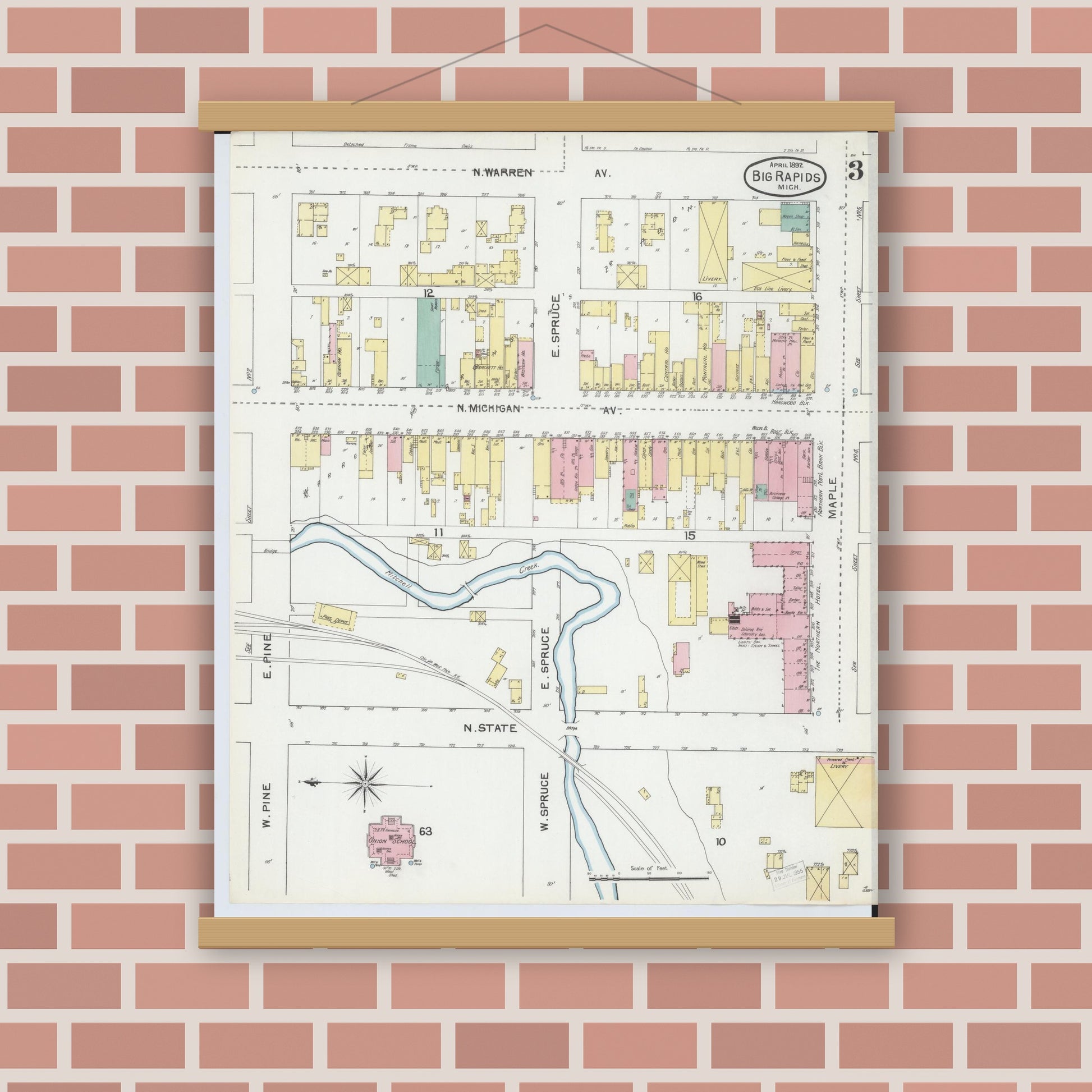 Old map wall art mockup — magnetic wood frame on brick wall — Sanborn Fire Insurance Map from Big Rapids, Mecosta County, Michigan (1892), Sheet #0003
