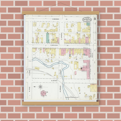 Old map wall art mockup — magnetic wood frame on brick wall — Sanborn Fire Insurance Map from Big Rapids, Mecosta County, Michigan (1892), Sheet #0003