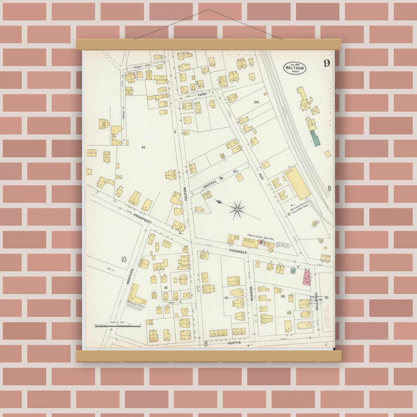 Old map wall art mockup — magnetic wood frame on brick wall — Sanborn Fire Insurance Map from Waltham, Middlesex County, Massachusetts (1903), Sheet #0009