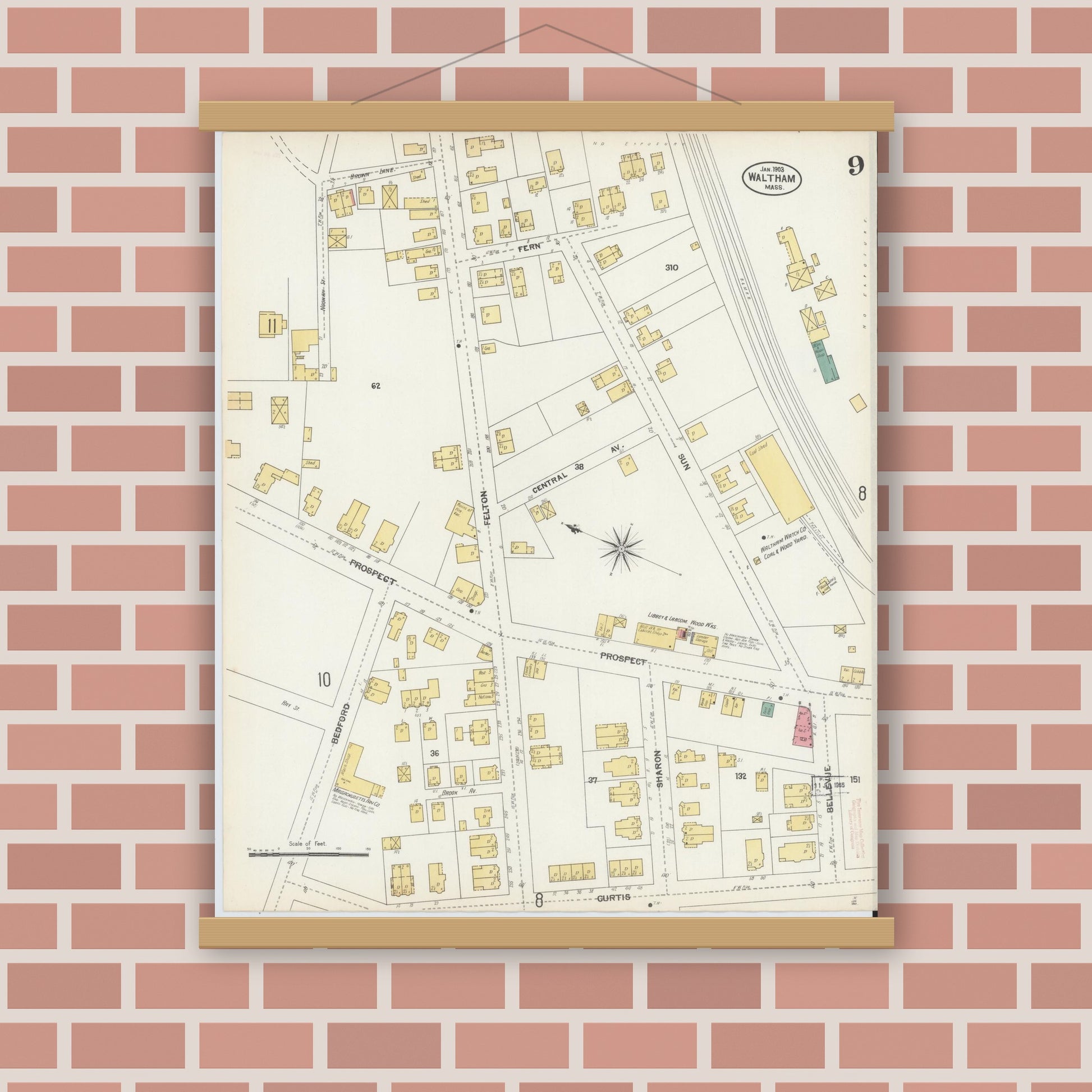 Old map wall art mockup — magnetic wood frame on brick wall — Sanborn Fire Insurance Map from Waltham, Middlesex County, Massachusetts (1903), Sheet #0009