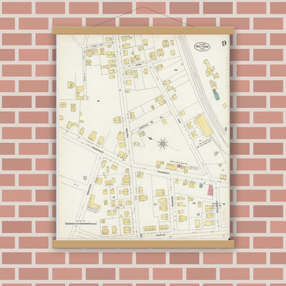 Old map wall art mockup — magnetic wood frame on brick wall — Sanborn Fire Insurance Map from Waltham, Middlesex County, Massachusetts (1903), Sheet #0009