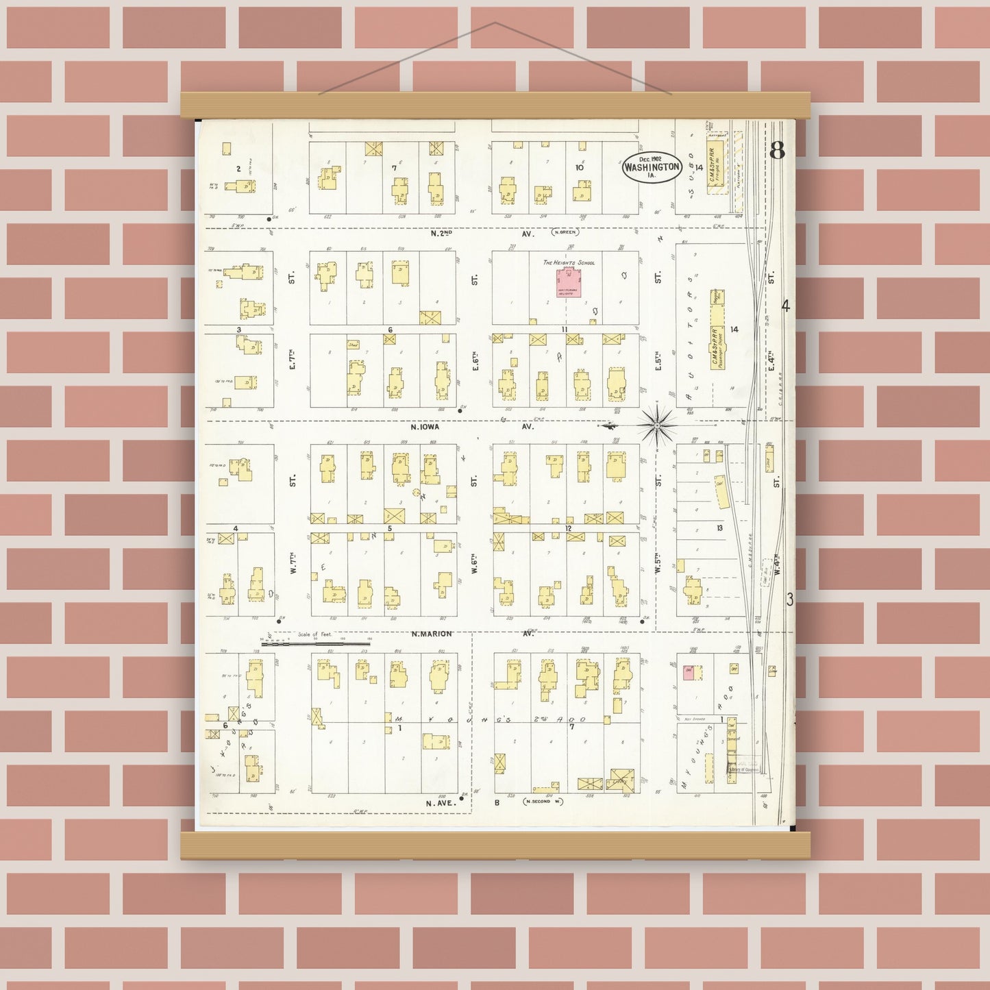 Old map wall art mockup — magnetic wood frame on brick wall — Sanborn Fire Insurance Map from Washington, Washington County, Iowa (1902), Sheet #0008