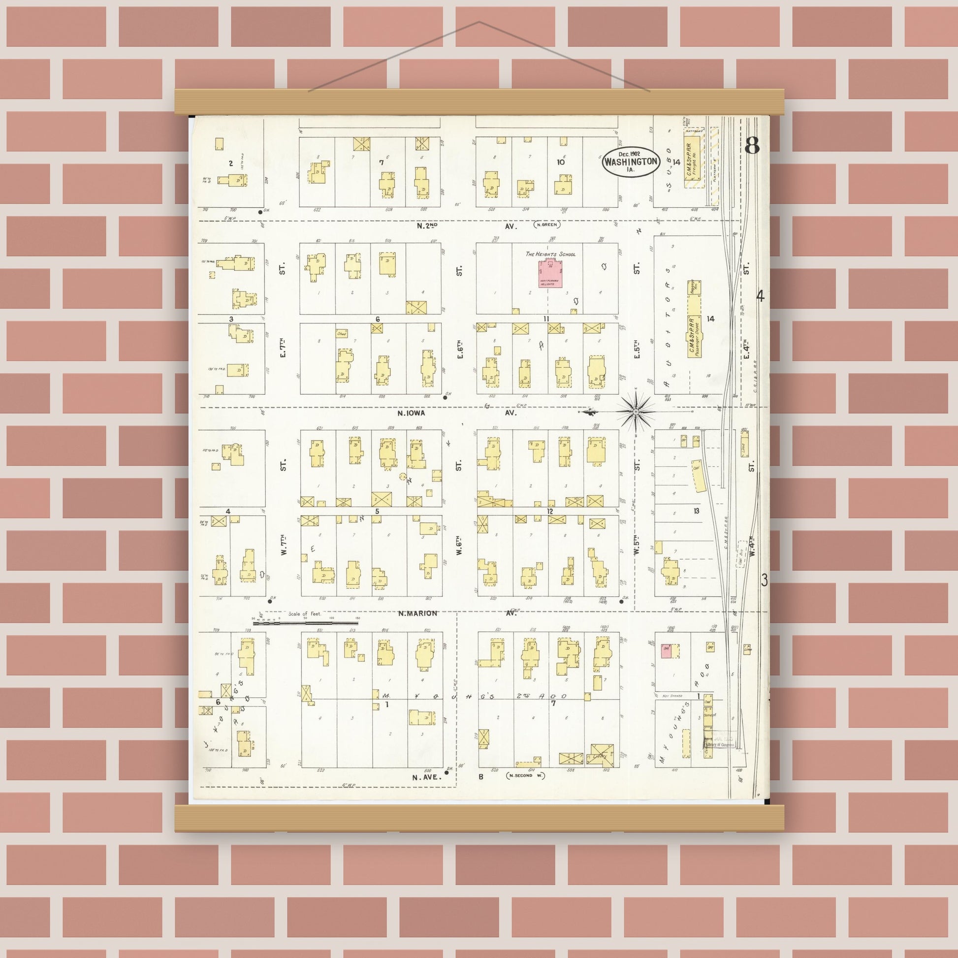 Old map wall art mockup — magnetic wood frame on brick wall — Sanborn Fire Insurance Map from Washington, Washington County, Iowa (1902), Sheet #0008
