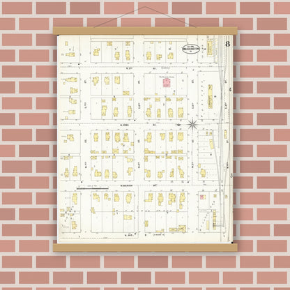 Old map wall art mockup — magnetic wood frame on brick wall — Sanborn Fire Insurance Map from Washington, Washington County, Iowa (1902), Sheet #0008