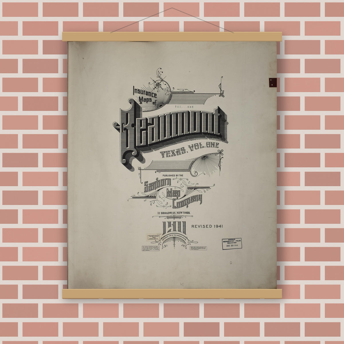 Old map wall art mockup — magnetic wood frame on brick wall — Sanborn Fire Insurance Map from Beaumont, Jefferson County, Texas (1951), Sheet #0001