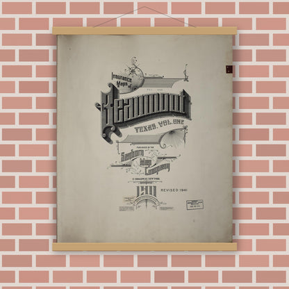 Old map wall art mockup — magnetic wood frame on brick wall — Sanborn Fire Insurance Map from Beaumont, Jefferson County, Texas (1951), Sheet #0001