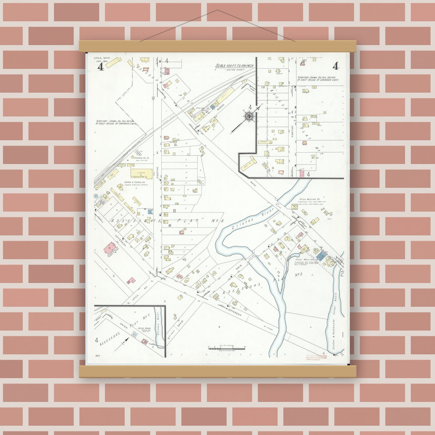Old map wall art mockup — magnetic wood frame on brick wall — Sanborn Fire Insurance Map from Utica, Macomb County, Michigan (1941), Sheet #0004