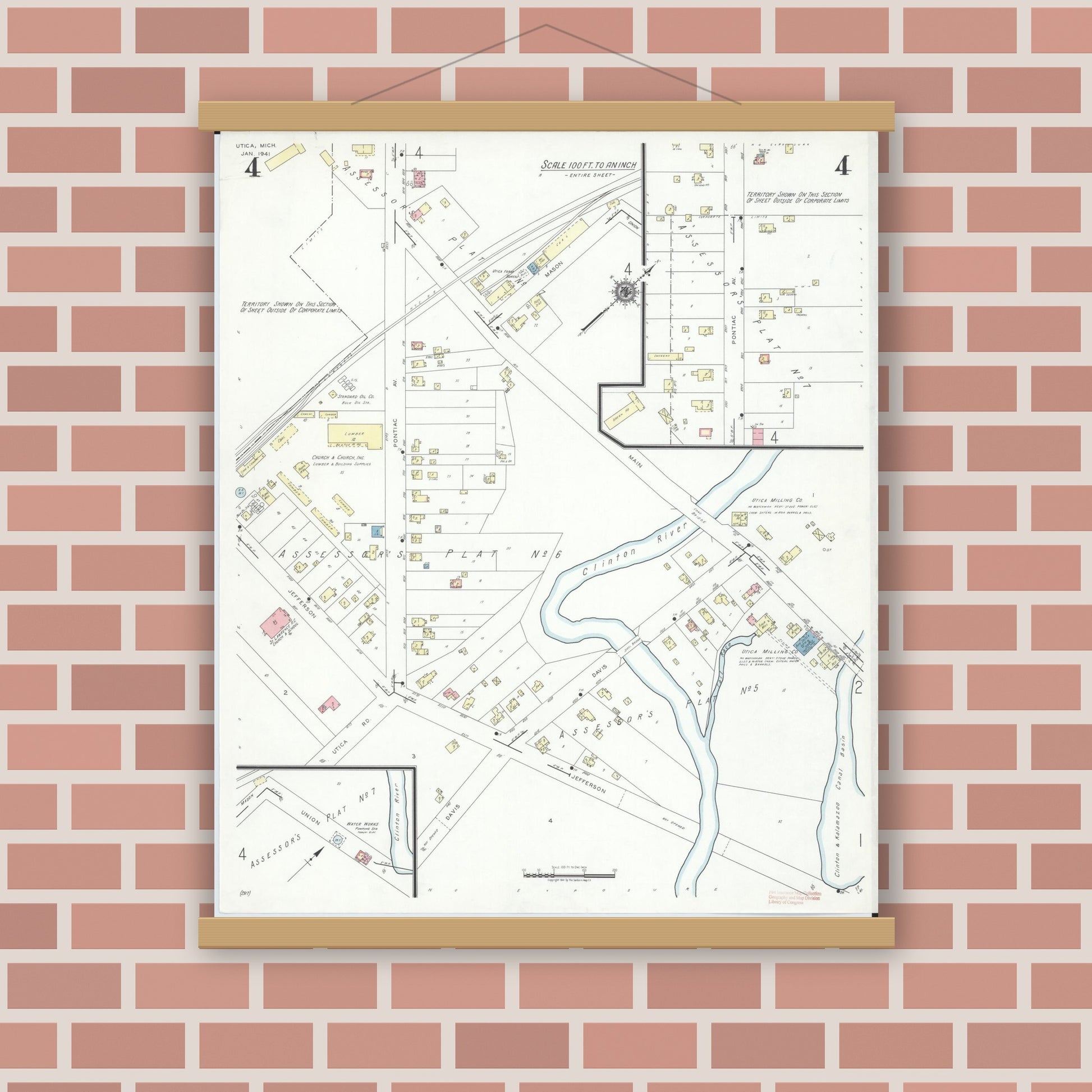 Old map wall art mockup — magnetic wood frame on brick wall — Sanborn Fire Insurance Map from Utica, Macomb County, Michigan (1941), Sheet #0004