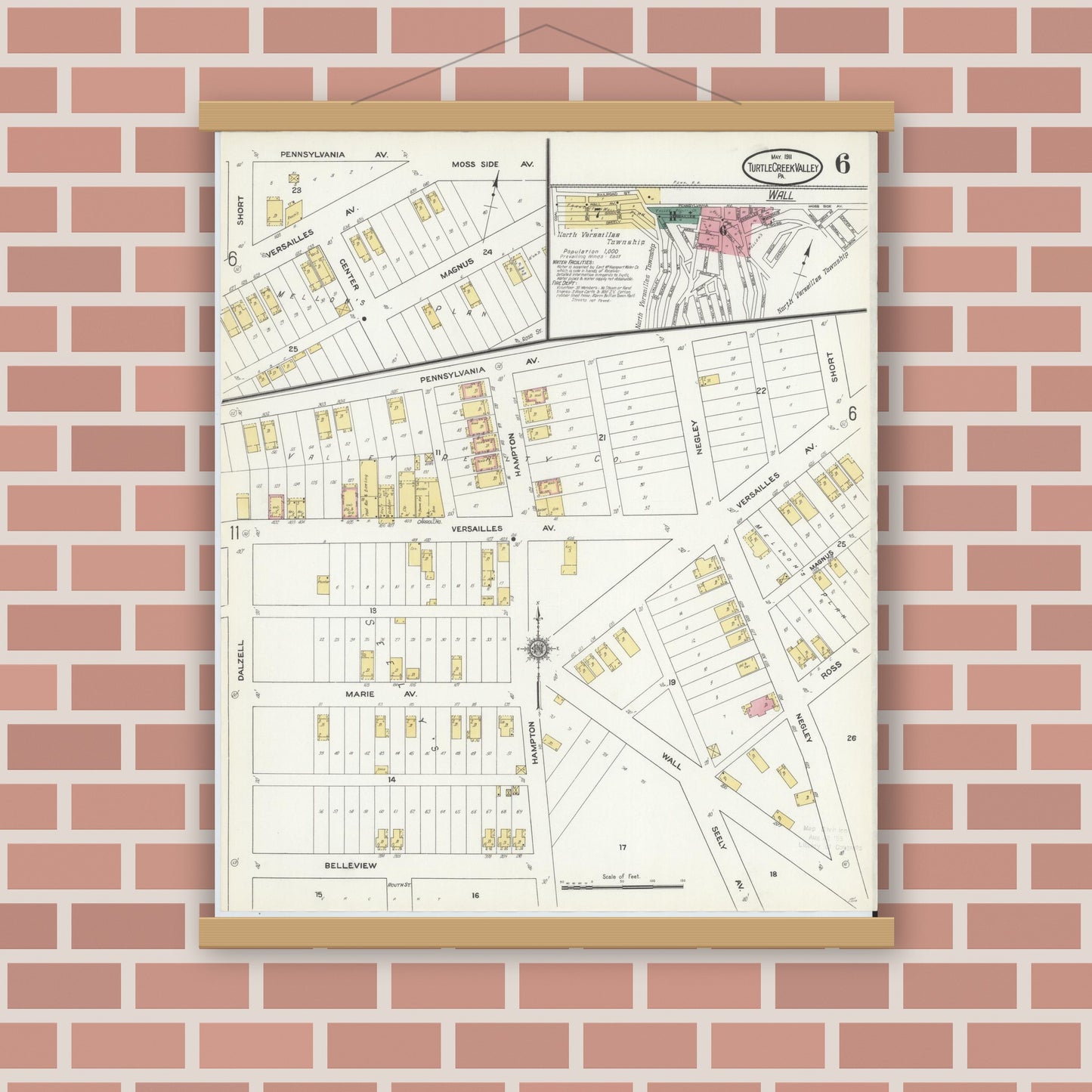 Old map wall art mockup — magnetic wood frame on brick wall — Sanborn Fire Insurance Map from Turtle Creek Valley, Allegheny County, Pennsylvania (1911), Sheet #0006