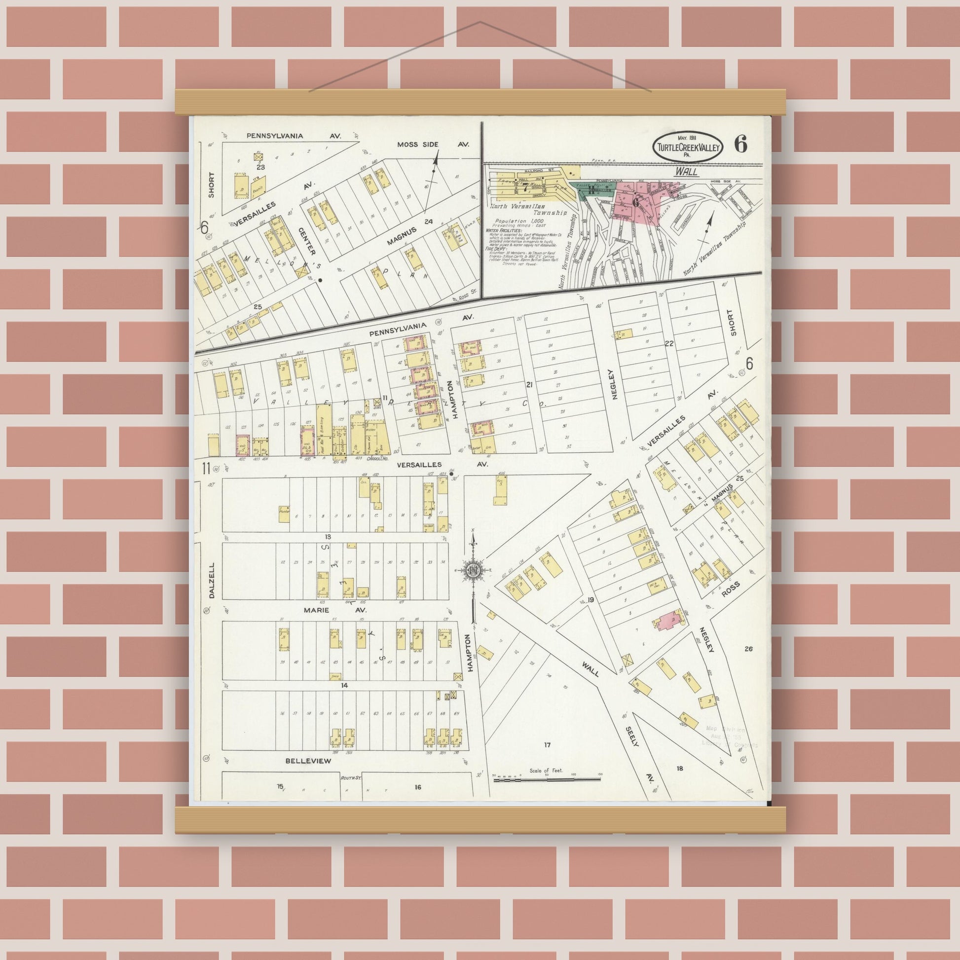 Old map wall art mockup — magnetic wood frame on brick wall — Sanborn Fire Insurance Map from Turtle Creek Valley, Allegheny County, Pennsylvania (1911), Sheet #0006